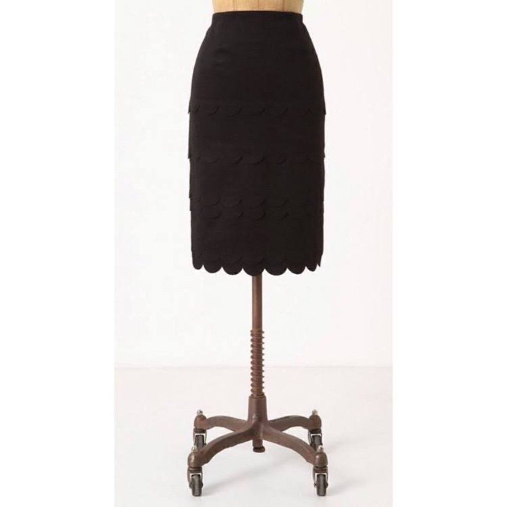 Anthropologie Maeve Black Wool Blend Scalloped Tiered Pencil Skirt